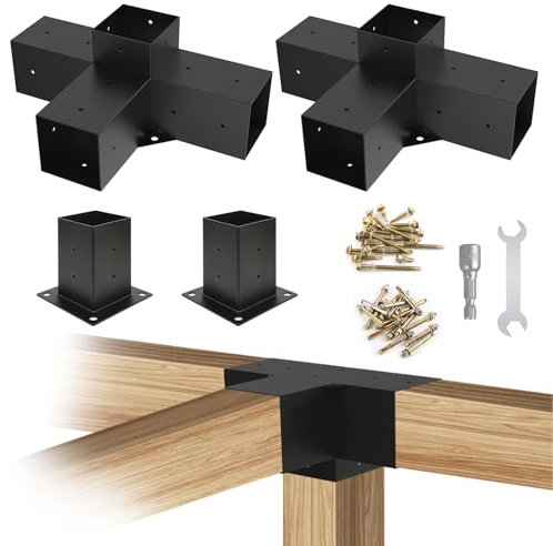 Kinchoix 4x4 Woodworks Pergola Brackets Kit, 4-Way Corner Extension Brackets, Black Powder Coated, 4x4 Metal Brackets for Wood Beams, Fence and Carport (Actual: 3.5x3.5), TK00062-3T2P