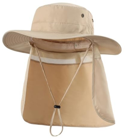 Magracy Herren UPF 50+ breiter Krempe Sonnenhut mit Nackenklappe UV-Schutz Netzstoff Safari-Hut Gartenarbeit Wandern Angelhut Helles Khaki