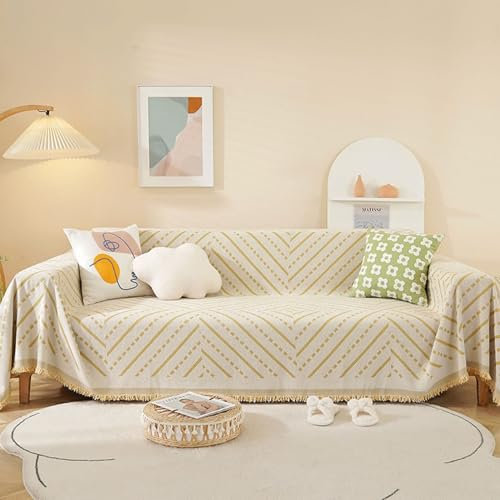 AMDXD Couchbezug, Bohemian Stil Muster mit Quaste Sofaüberwurf Zweisitzer, Kratzfester Couchbezug Hund in Chenille für Wohnzimmer Protector & Hunde Haustiere - 180x280CM, Gelb