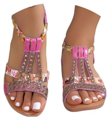 Onsoyours Sandale Femme Été Compensees Mode Élégance Mules Sandales Bout Ouvert Rome Strass Bride Cheville Chaussures pour Plage Vacances A Rose Rouge 38 EU