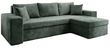 Luxusbetten24 Designer Sofa Denver mit Stauraum und Schlaffunktion | Bezug: Cord | Farbe: Grün | Stellvariante: Rechts