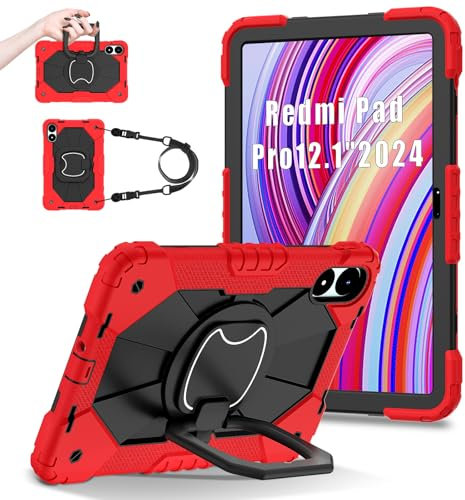 FONREST Custodia robusta portatile per Xiaomi Poco Pad/Redmi Pad Pro 12,1 '' 2024 con cavalletto girevole/anello per appendere maniglia di sollevamento, cordino ibrido, resistente agli urti (rosso +