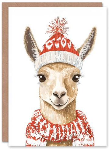 Artery8 Cute Llama With Red Winter Hat Scarf Watercolour Blank For Him Or Her Art Christmas Card