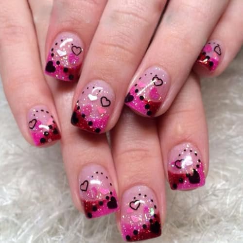 SXVME French False Nails Short, Glitter French Tip Press On Nails Square with Pink Black Heart Desgin Natural Nude Acrylic Fake Nails Press ons Valentine Stick on Nails For Women 24 Pcs