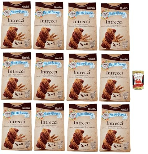 Mulino Bianco Intrecci Biscotti, Vollkorn -Kekse mit Kakao -Gebäck und Schokoladenchips, biscuits, cookies, 12x 300g + Italian Gourmet polpa 400g