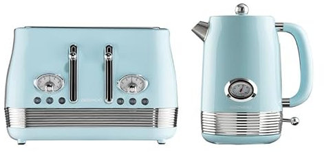 Daewoo Denver Breakfast Set – Sky Blue, Retro 1.5L Rapid Boil Kettle & 4 Slice Wide Slot Toaster, Temperature Gauge, Defrost, Reheat, Cancel Functions, Ideal for Stylish Kitchens
