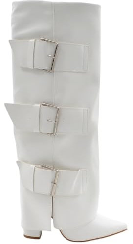 Stivali Donna Bianco a Punta al Ginocchio con para Risvolto Modello Shark Tacco 12 cm e con Fibbie Argento Moda (40 EU)