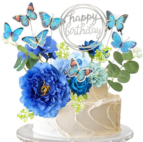 Gyufise 22Pcs Flower Cake Toppers Butterfly Cake Decorations Happy Birthday Cake Toppers Artificial Pink Rose Flowers Eucalyptus Butterflies for Girls Birthday Party Wedding Supplies Blue