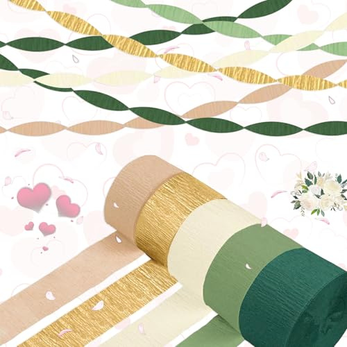 WiDream 5 Rollen Hochzeitsdekorationen Partydekorationen, Grün Gold Khaki Krepppapier Luftschlangen Für Boho Brautparty, Bachelorette, Geburtstag, Jahrestag Hintergrund Dekorationen(4,5cm X 25m)