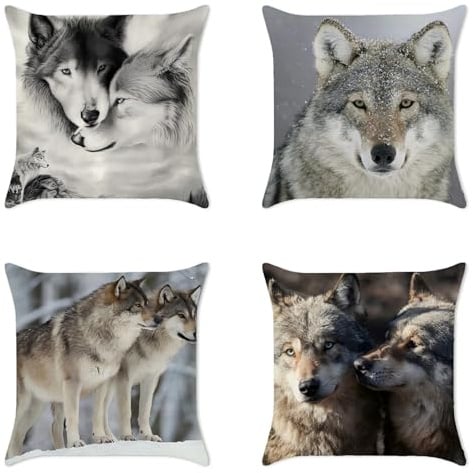 MEILIHEN Leinen Kissenbezug 50x50 Grau Wolf Muster Kissenhülle 4er Set Dekokissen Bezug für Couch Sofa Kissen Kissenbezüge Deko Zierkissen Couchkissen Tierdrucke Outdoor Kissenbezug
