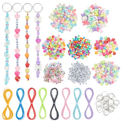 PH PandaHall 938 Stück Schlüsselanhänger Set Mit Buchstaben Alphabet Perlen Set Blumen Herz Und Schleifenperlen Mit 8 Farben Kordeln Für DIY Schlüsselanhänger Geldbörsenanhänger Schmuckherstellung