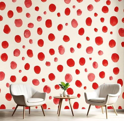 Fototapete Schlafzimmer Aquarell Abstrakt Roter Punkt 3D Druck Vliestapete, 352x250cm (B×H) Wandtapete Wandbilder, für Wohnzimmer, Kinderzimmer, TV Hintergrund Creme Tapete