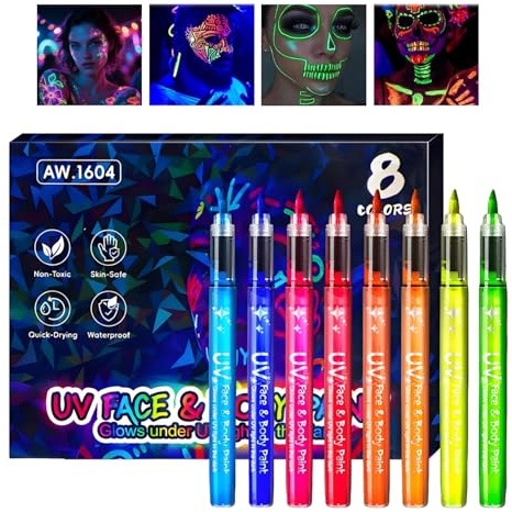 Marqueurs de peinture pour le visage phosphorescents, kit de peinture pour le visage néon 8 couleurs, stylo liquide néon UV pour le corps, stylo de fluorescente pour le corps lavable