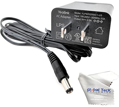 Yealink PS5V2000US Power Supply Adapter 5V 2A - Compatible with Yealink SIP Phones: T54W, T29G, T46S, T46U, T48S, T48U, T52S, T54S, T56A, T58V, T58A, Bundle with Global Teck Microfiber Cloth