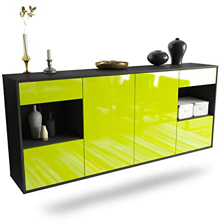 Dekati Sideboard Charleston hängend (180x77x35cm) Korpus anthrazit matt - Front Hochglanz Grün - Push to Open - Leichtlaufschienen