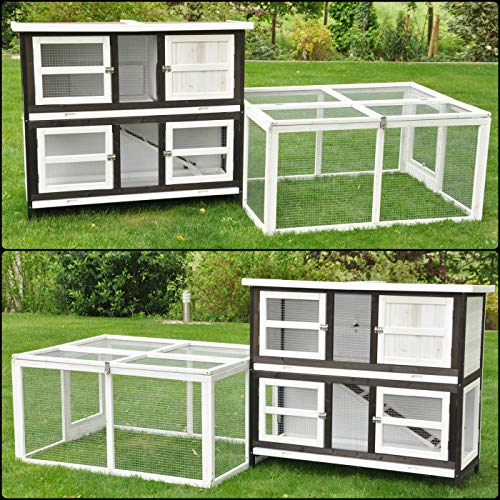 Hasenstall Kaninchenstall Frederik mit Zusatz Freigehege – endlos erweiterbar - für mehrere Hasen - XXL 233 x 90 x 104 cm – braun/weiß - wetterfest