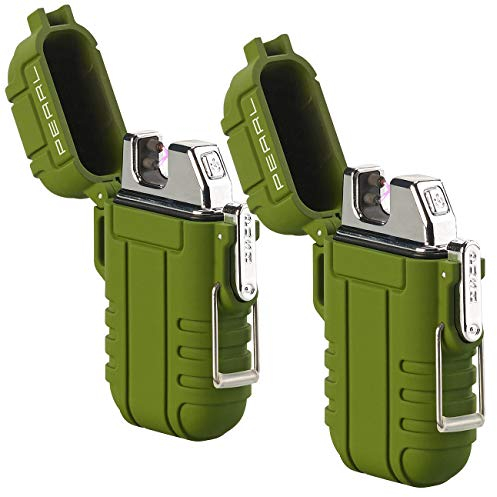 PEARL Outdoor Feuerzeug: 2er Set Elektronisches Feuerzeug mit doppeltem Lichtbogen, Akku, IP56 (Akku-USB-Feuerzeug, Elektronisches USB, Wasserdichte Taschen)