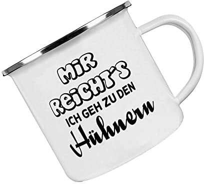 Crealuxe Emaille Tasse Mir reichts ich geh zu den Hühnern - Kaffeetasse mit Motiv, Campingtasse, bedruckte Emailletasse mit Wunschtext
