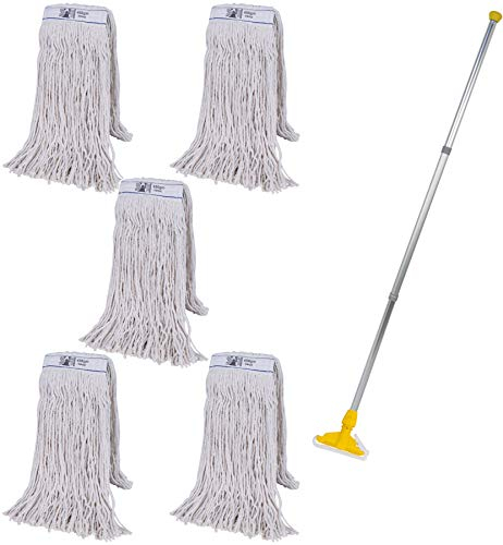 Abbey Heavy Duty Professional Kentucky Mop Handle and Holder with 5 Kentucky Mop Heads (450g) -Industrial Mop Colour Coded to Avoid Cross Contamination –Commercial Mop for Cleaning Hard Floors Yellow
