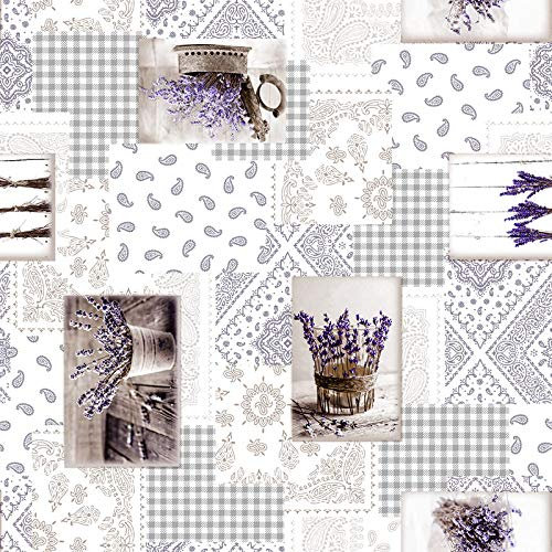 PVC Tischdecke Violetta Wachstuch • Breite & Länge wählbar • abwaschbar • Lavendel lila Flieder Patchwork grau Weiss, Größe:140 x 100 cm