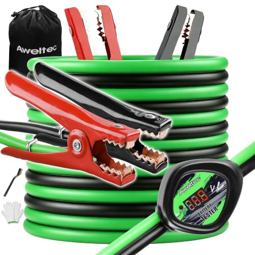 AWELTEC Heavy Duty Jumper Cables,4 Gauge 20 Feet Battery Booster Cable,Automotive Wire for Cars Trucks with Smart Safety Protector,Carry Bag,Safety Gloves and Iron Brush