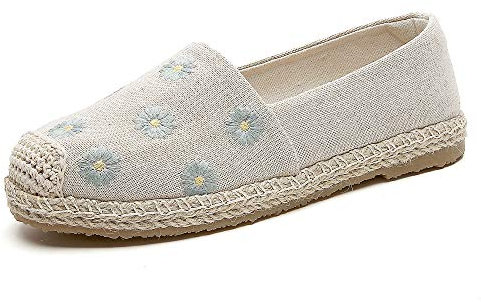 Surwin Alpargatas Planas Mujer, Respirable Clásico Alpargatas con Bordado, Algodón y Lino Lona Plano Ocasionales Loafer Zapatos, Primavera Verano 2021 Alpargatas Adulto (Margarita,39 EU = 245 mm)