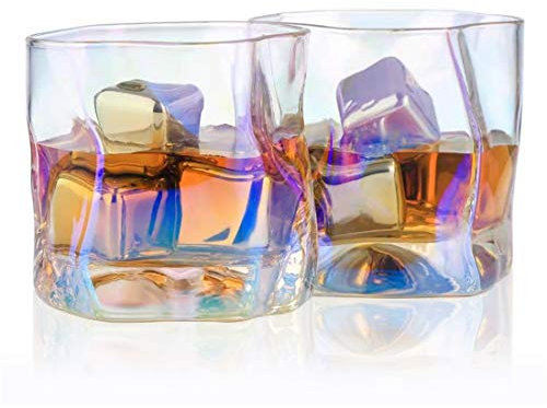 HLXFF3 Whiskygläser, 2er-Set, mit Schillernd, für Damen, bunt, mundgeblasen, bleifrei, Lowball-Kristallgläser, altmodische Glasbecher für Scotch, Rum, Bourbon, Geschenke