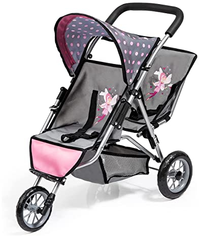 Bayer Design 39166AA Zwillingspuppenwagen Duo, Tandem, mit 3 Rädern, Sonnendach, Sicherheitsgurt, grau, rosa, Fee