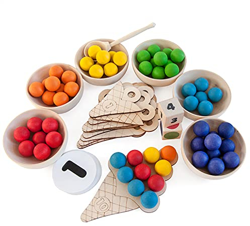 Ulanik Große Süßes Zählen Montessori Spielzeug ab 3 Jahre Sensorik Bälle Vorschul Holzspiele zum Zählen und Sortieren Farben Lernen — Mathe für Kinder, 60 Kugeln