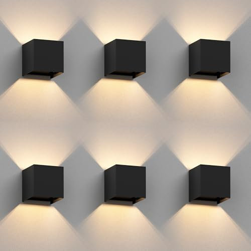 ledscom.de 6 Stück Wandleuchte CUBEL für außen, schwarz, IP65, Up & Downlight, quadratisch + LED Lampe 501lm, warmweiß