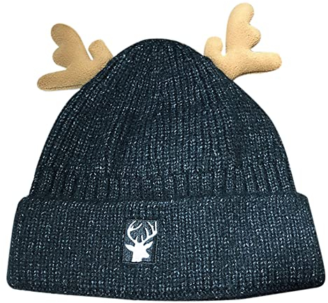 Herbests Damen Weihnachtsmütze Strickmütze Wintermütze Mütze mit Geweih Wollmütze Unisex Weihnachts Gestrickte Mütze Warme Beanie Hat Häkelmütze Hut Weihnachtshüte Geschenk für Männer Frauen Schwarz