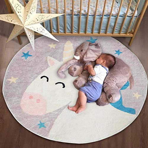 Poowe Niedlicher Löwen-ABC-Spielteppich für Kinderzimmer, rund, lehrreiches Alphabet, weich, rutschfest, für Kinder, Kleinkinder, Schlafzimmer (rund, 100 cm, Einhorn)