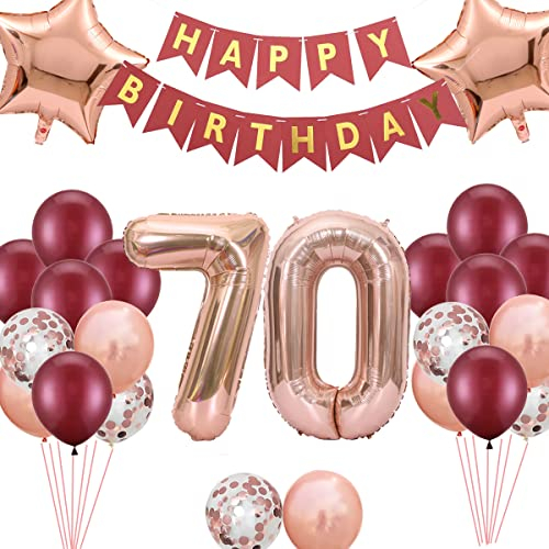 70. Geburtstags Dekorationen Weinrot für Frauen, Happy Birthday Banner Nummer 70 Geburtstags Ballons Stern Folienballons Roségold Rot Konfetti Ballons für ihre Mutter 70 Jahre alt Geburtstag