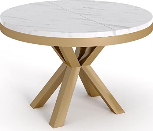 WFL GROUP Runder Ausziehbarer Esstisch - Weiß Tisch im Loft-Stil Golden mit Metallbeinen - Industrieller Tisch für Wohnzimmer - Spacesaver - Golden - Weisser Marmor - 100 cm