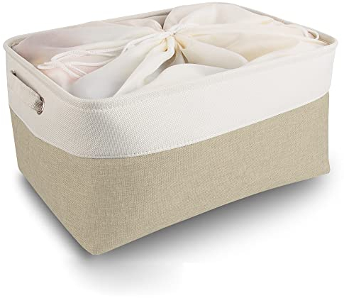 Mangata aufbewahrungsbox Stoff, aufbewahrungsbox grau groß, Korb aufbewahrung Stoff mit Griffen für Schrank, Spielzeug, kleiderschrank, Regale, Kleidung (faltbar, groß, Helles Khaki Weiß)