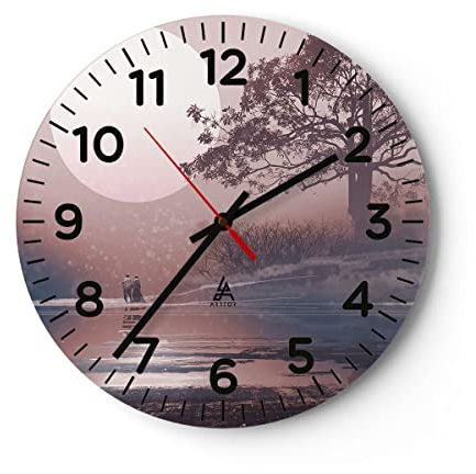 Modern Wanduhr Mond Paar Baum 40x40cm Rund Groß Wand Uhr Glas Analog Zimmeruhren Küche Büro Wohnzimmer Glasuhr Wall Clock Dekoration Design Wanddekoration Küchenuhr C4AR40x40-4236