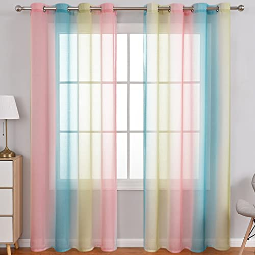 Lsimeru Gardine Farbverlauf Transparent Rosa Blau Gelb Kinderzimmer Mädchen Jungen 2er Pack Regenbogen Sheer Vorhänge Durchsichtig Ösenvorhang Kindervorhänge Babyzimmer,140x240