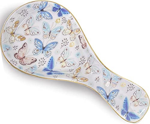 LEAZUL Ceramic Spoon Rest For Kitchen Counter & Stove Top,Floral Spoon Holder for Cooking & Counter Essential Kitchen Gadgets Farmhouse Home Décor House Warming Gift, Dishwasher Safe Butterfly