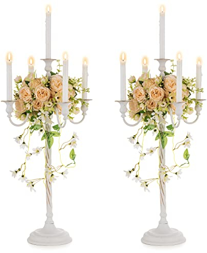 Nuptio Kerzenleuchter Kerzenständer 5 Armig: 71cm Antike kandelaber für Hochzeit, 2 Stück Creme Weiß Floral Candelabras Hoch für Weihnachten Halloween Tisch Geburtstag Jubiläum Urlaub Mantel
