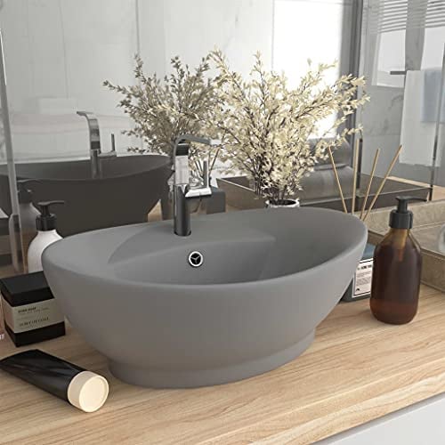 HOMIUSE Luxus-Waschbecken Überlauf Matt Hellgrau 58,5x39cm Keramik Waschbecken Waschtisch Aufsatzwaschbecken Badunterschrank Waschbecken GäSte Wc Waschbecken Aufsatzwaschbecken Dekorativ