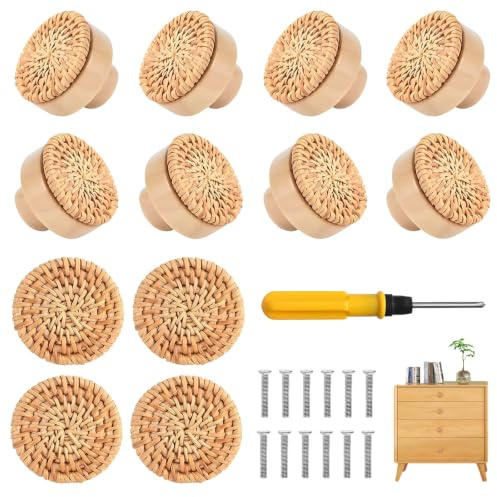 Ylinwtech 12 Pièces Boutons de Meuble en Rotin Bois Ronds | Bouton de tiroir en bois rond vis fournies, style bohème, pour cuisine, salon, chambre, placard, tiroir, commode, armoire