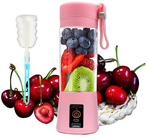 RUN HELIX Licuadora portátil de 13 onzas, mini licuadora portátil con 6 cuchillas, máquina mezcladora de frutas, exprimidor para batidos y batidos, taza exprimidora recargable por USB, color rosa