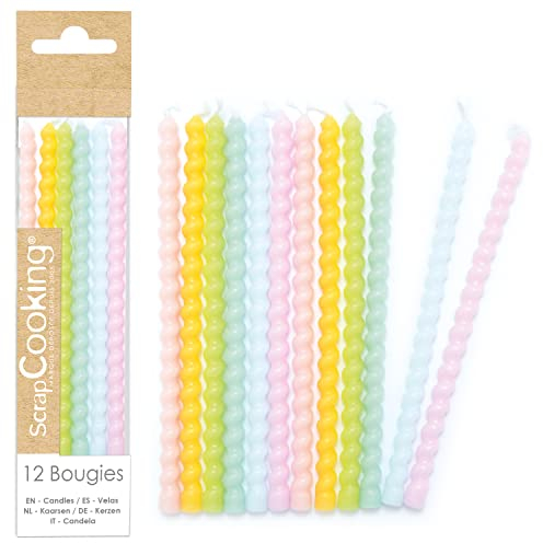 ScrapCooking – 12 lange, gedrehte Pastell-Kerzen – Spiralkerzen mehrfarbig – Twisted Candles für Geburtstagskuchen – Dekoration für Kinder und Erwachsene – aus Paraffin mit Spikes – Backen – 0358