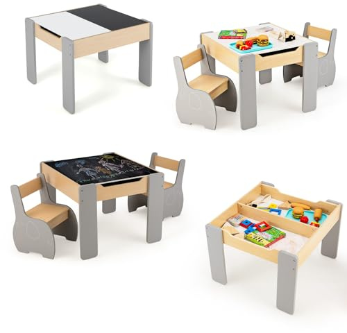 LIFEZEAL Multifunktionales Kindertisch- und Stuhlset, Kindersitzgruppe mit Stauraum, Kindermöbel mit Tischplatte als Kindertafel, Tisch Stuhl Set für Mädchen & Jungen (Grau)