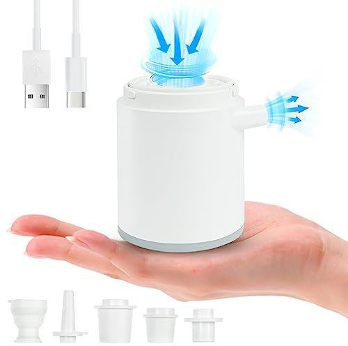 Flintronic Elektrische Luftpumpe Tragbare, Mini Pumpe zum mit Camping Laterne, Aufladbarem 1360 mAh Akku & 4 Düsen, Tiny Pump für Luftbetten, Luftmatratze, Schwimmring, Kleidungsvakuumbeutel (USB C)