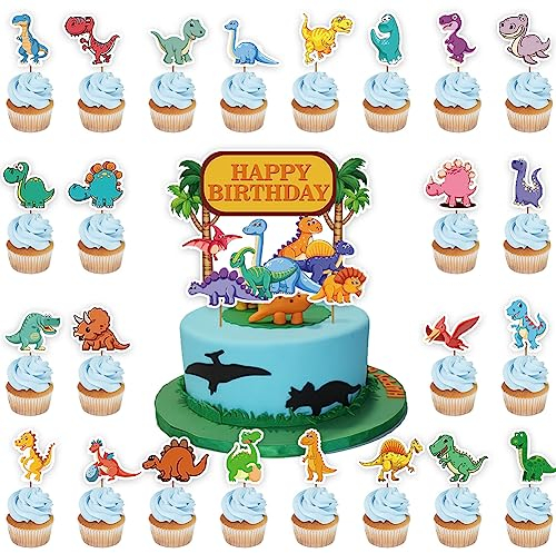 Dinosaurier Kuchen Topper 25 Stück Muffin Cupcake Toppers, Dinosaurier Themen Party TortendekoTortendeko, Happy Birthday Tortendeko für Kinder (Dino Thema)