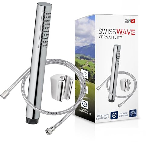 SwissWave - Kit Doccia Vasca con Soffione a Mano Stick 20mm - In ABS - 1 Modalità di Getto - Con Supporto Fisso a Parete e Flessibile 150cm - Ugelli Anticalcare - Ricambio Bagno - Argento/Cromo