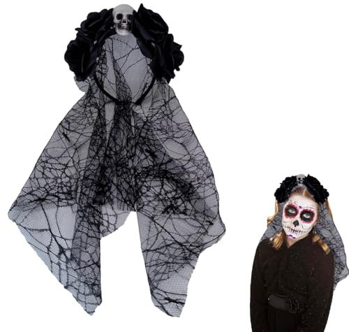 AOOGON Totenkopf Blume Schwarz Spitze Schleier Stirnband, Halloween Schwarze Rose Schleier Stirnband Kopfschmuck, Blumen Skelett Braut Schleier Kopfschmuck für Halloween Kostüm Party, Haarschmuck