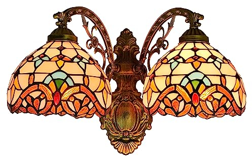 PAZWAHF Barocke Vintage handgefertigte Buntglas-Wandleuchte im Tiffany-Stil, Buntglas-Wandleuchte, Beleuchtung, Doppelköpfe, Wandleuchte, Nachttischlampe