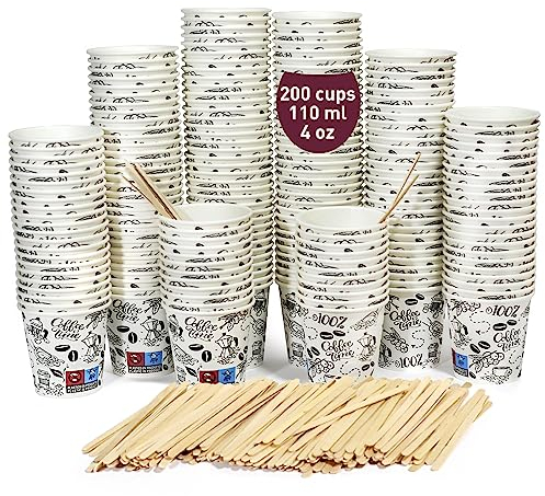 200 Vasos café Desechables 110ml/4oz - Vasos cartón Desechables Blancos con Paletinas de Madera - Vasos Papel para Café Corto, Nespresso